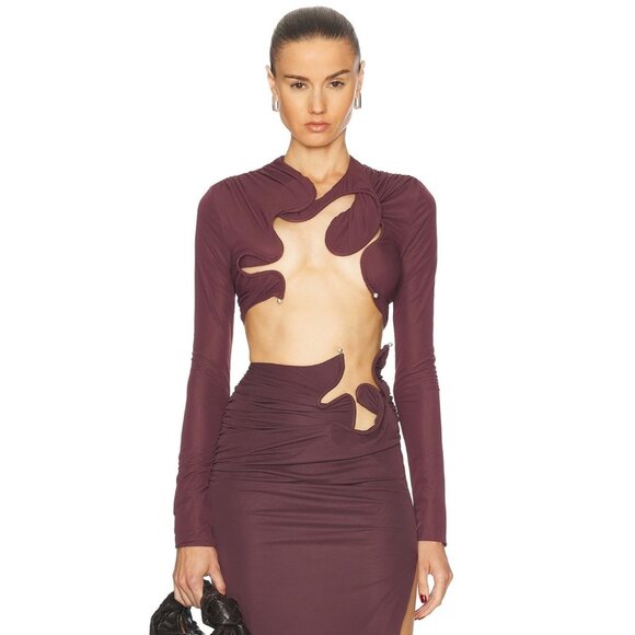 Christopher Esber Venus Long Sleeve Crop Top in Mahogany 2 New Womens Blouse - Picture 1 of 16